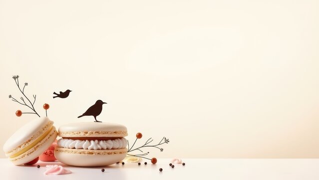 elegant dark silhouette dessert arrangement macaron pastry cream concept art for bakery advertising menu background copy space