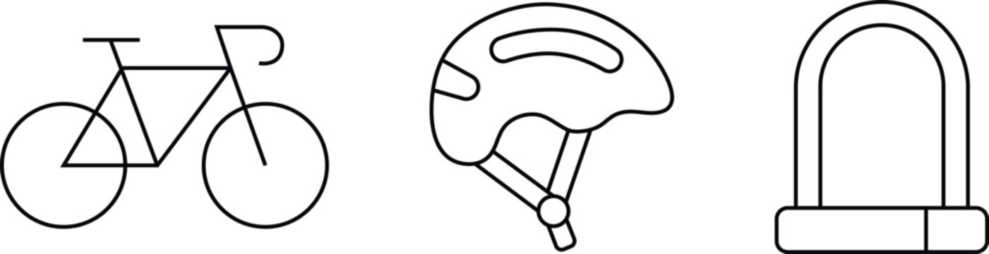 Set of three bicycle helmet and u lock line art icons. Editable thin outline packs. Vector illustration