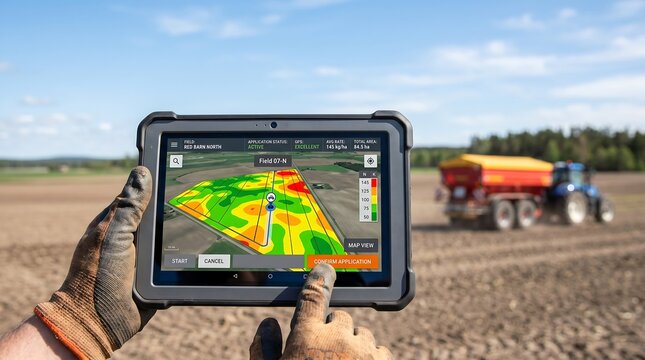 Agronomist Confirming Variable Rate Fertilizer Application on Tablet