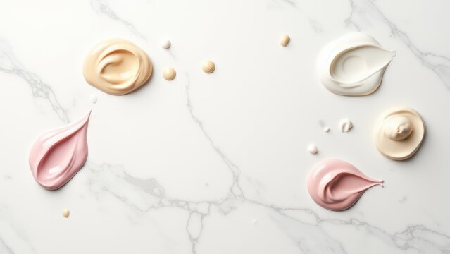 gourmet dessert cream sauces artfully spilled on white marble top view for elegant bakery advertising and luxury food styling