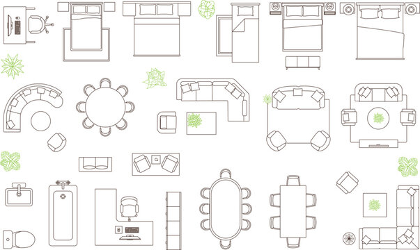 architectural furniture symbols set top view. 2D CAD plan vector icons for interior design and floor plans.