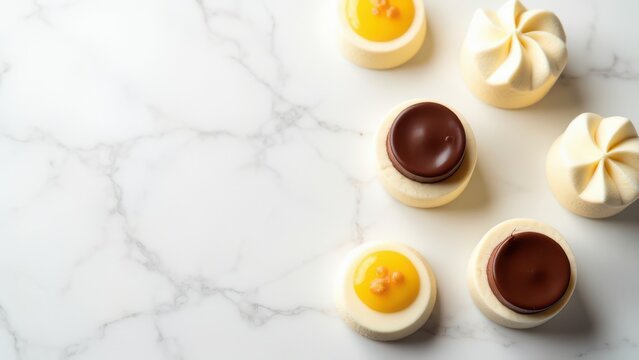 artfully arranged gourmet dessert flat lay with vanilla mousse chocolate ganache and lemon curd on white marble for elegant advertising backdrop