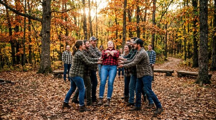 Obraz premium team building activities, a group in flannel shirts participates in a trust fall exercise among autumn leaves