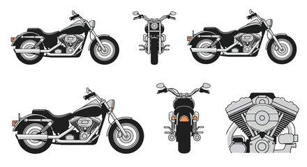 Custom cruiser motorcycle set with engine detail views. © Kukuk