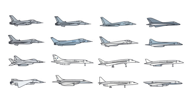 Comprehensive set of military fighter jet and airplane icons.