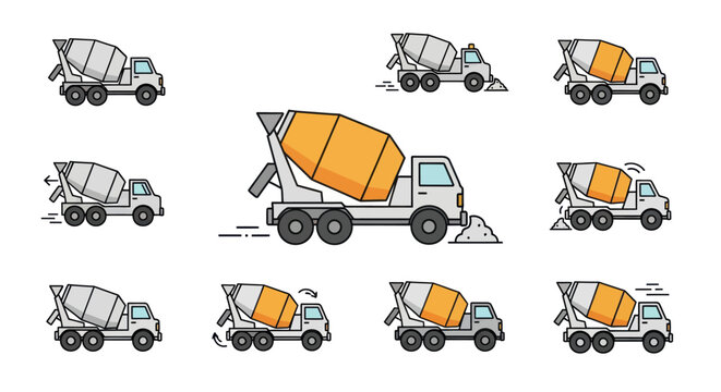 Concrete cement mixer truck icons showing multiple perspectives.