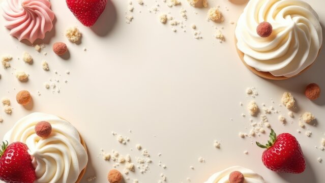 overhead flat lay of creamy dessert components berries and crumbs on soft beige background natural light elegant food styling for bakery advertising brand mockup