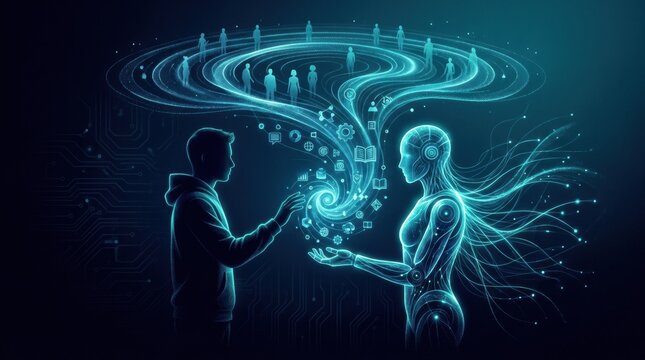 A person interacts with an AI figure in a digital environment, showcasing themes of ethics, governance, and literacy in technology.