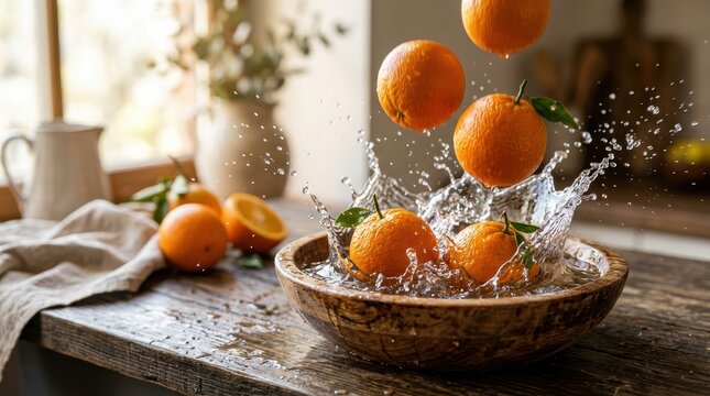 Oranges Falling Into Wooden Bowl with Water Splash - Fresh Citrus Fruit Food Photography Still Life