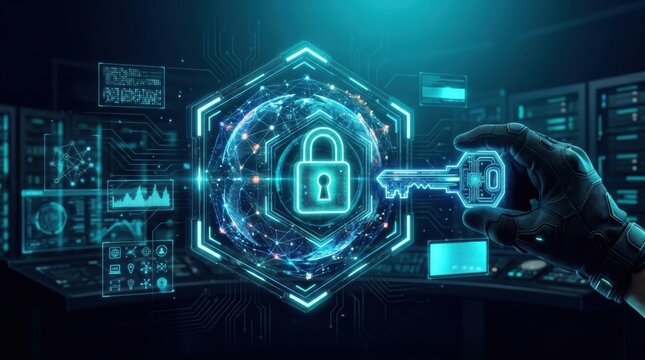 A digital representation of ai ethics and governance concepts with holographic elements showing a key unlocking a locked globe and data screens.