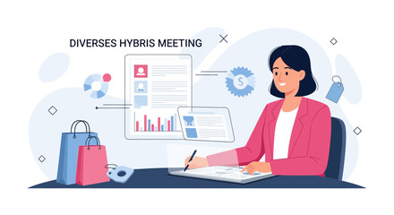 Fototapeta premium Businesswoman analyzing data and charts at desk with shopping bags, symbolizing hybrid work, sales, and marketing strategy.