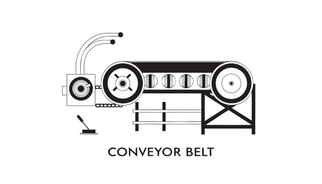 Very beautiful black and white vector illustration of a CONVEYOR BELT with detailed transport rollers and industrial machinery styling, isolated on white background, with the label "CONVEYOR BELT" dis