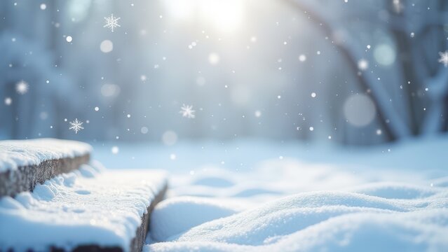 serene winter landscape with falling snow and dusted bench perfect for seasonal advertising background natural light