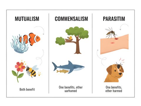 Types of Ecological Symbiosis Diagram Showing Mutualism, Commensalism, and Parasitism with Examples of Interactions Between Species in Nature