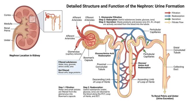 Human Kidney Anatomy and Nephron Structure Diagram Showing Urine Formation Process with Glomerular Filtration, Reabsorption, and Secretion in Bowman's Capsule, Loop of Henle, and Collecting Duct