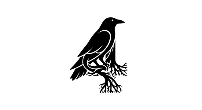 Black raven perched with detailed feathers and roots.