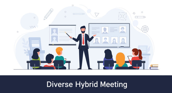 Diverse Group in Hybrid Meeting: Teacher Instructs Students in Classroom and Online Participants View via Video Conference