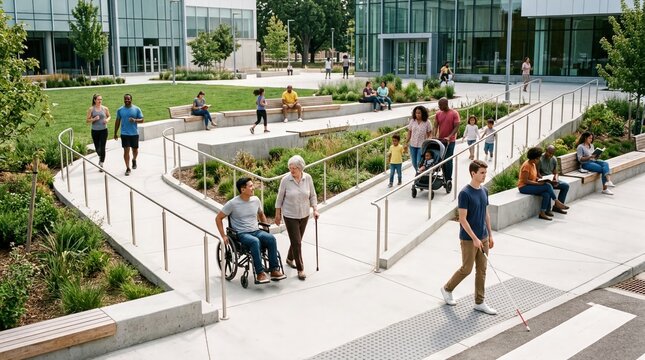 inclusive urban design, a diverse group of people navigates a vibrant, inclusive public space with ramps