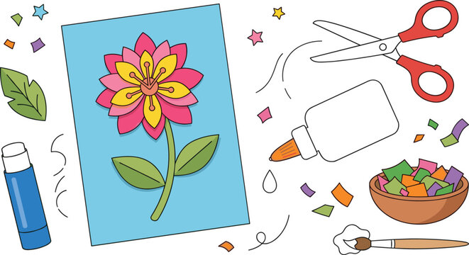 Paper Flower Craft Illustration Set with Scissors, Glue, Colored Paper Confetti, Paintbrush, and DIY Creative Art Supplies
