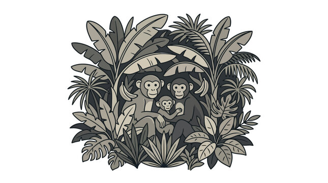 Two monkeys in dense tropical jungle foliage.