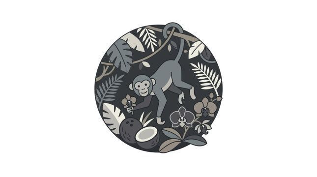 Circular monkey graphic jumping through tropical leaves.