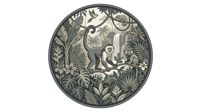 Detailed circular rainforest landscape with wild monkeys.