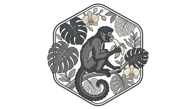 Monkey eating banana in hexagonal frame