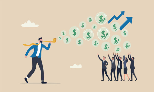 Stock meeting overvalued, greedy businessman investor blowing bubbles with dollar sign money into the air