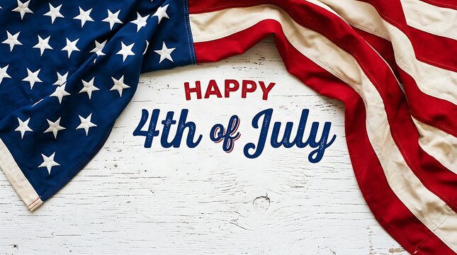 A rustic white wood texture holds a vibrant patriotic greeting below a draped national flag for July fourth.