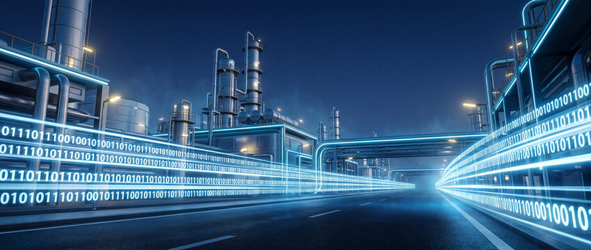 Futuristic industrial complex with glowing blue binary code streams flowing along pipes and road at night, symbolizing data transfer and digital transformation