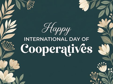 Minimalist corporate community poster featuring decorative script lettering bordered by soft muted floral arrangements over a teal backdrop.