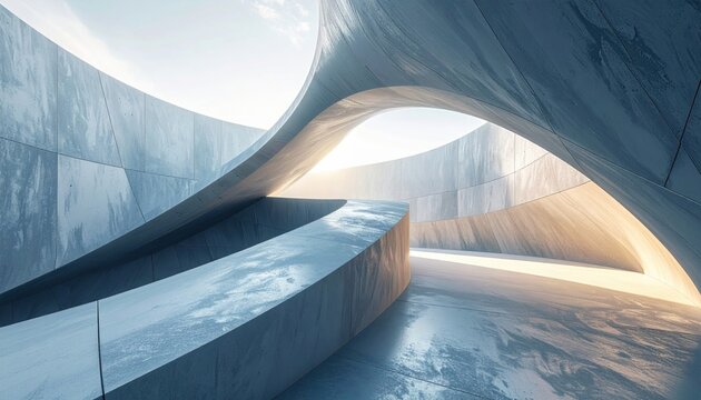 Modern architectural curves bathed in natural light, showcasing futuristic interior design and smooth concrete forms.