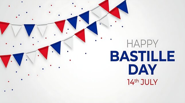 An elegant off-white background holding a vibrant French holiday message below draped national color decorations for July fourteenth.