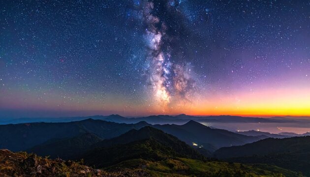 The Milky Way galaxy stretches across a twilight sky over silhouetted mountain ranges.