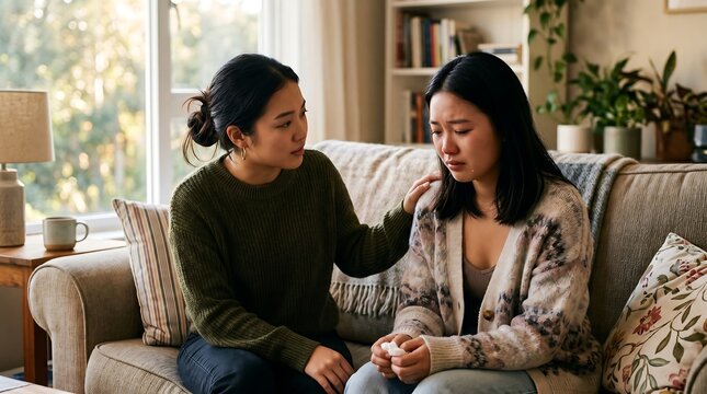 Four diverse young friends offer heartfelt comfort and emotional support to a distressed companion during a meaningful gathering at a cozy cafe.