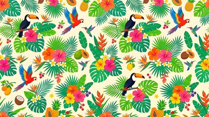 Fototapeta premium Colorful tropical pattern features toucans, flowers, and leaves on a neutral background.