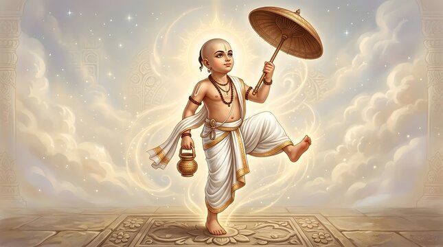 Vamana Avatar of Vishnu Walking with Umbrella in Celestial Setting