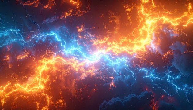 A cosmic battle unfolds with vibrant blue and orange lightning bolts illuminating a dark, nebulous sky.