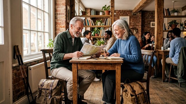 senior lifestyle choices, a trendy senior couple relaxes in a cozy cafe with their backpacks, exuding joy