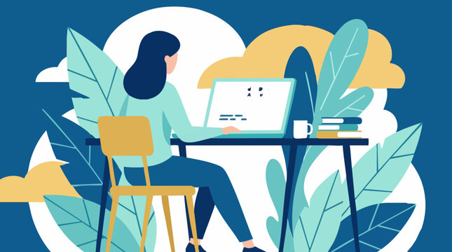 Illustration of a woman coding on a laptop surrounded by nature