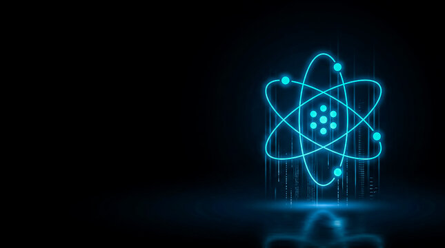 Abstract digital illustration of an atom with glowing blue particles and binary data stream, symbolizing tech and science fusion.