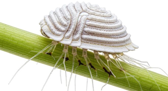 Macro shot of a white cottony cushion scale insect on a green plant stem isolated on a white background, showcasing detailed ribbed shell and legs