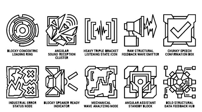 Set of industrial tech icons with blocky structural designs and mechanical wave symbols.