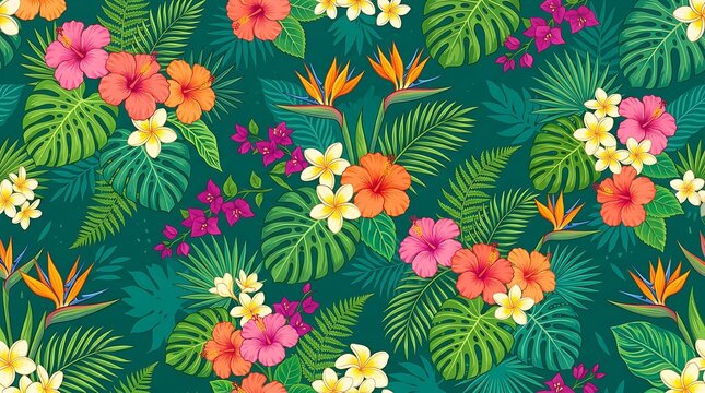 Vibrant Digital Art of Tropical Flowers and Nature Scene Action Scene Unfolds in Business Emotions and Graphic Style Technology Travel Culture