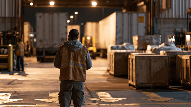 Night shift cross-docking coordinator in massive transit hub directing pallet movement between inbound and outbound trailers, workers in reflective vests under sodium vapor