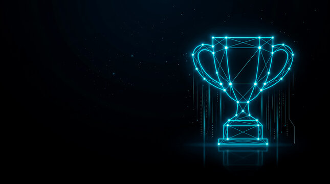 A glowing, high-tech trophy cup with intricate digital lines and nodes, set against a cosmic dark space backdrop.