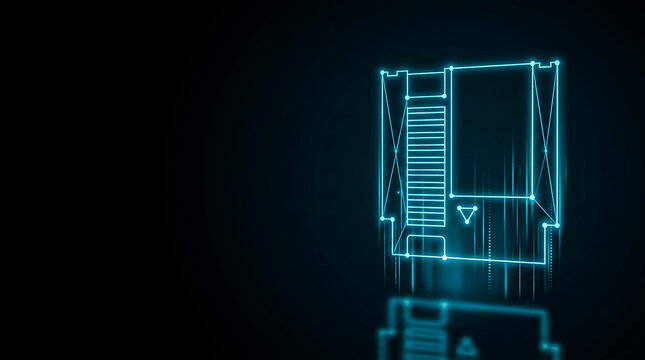 A glowing, wireframe-style floppy disk drive with a modern cyber aesthetic, illuminated against a dark background.