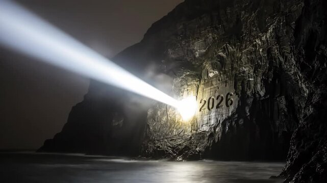 Lighthouse Beam Cutting Through Fog to Illuminate 2026 Etched on a Rocky Cliff Face at Night