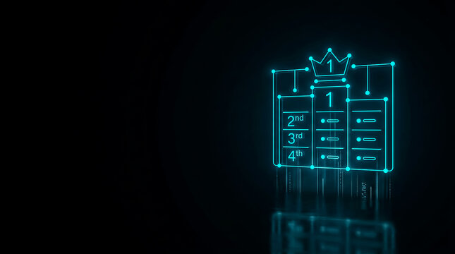 Abstract digital illustration showing a glowing ranking system with a crown on the top position, symbolizing victory or leadership in tech or competition.