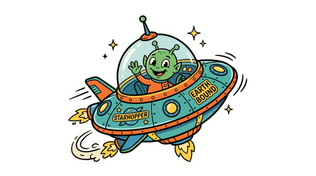 Happy alien sitting in spaceship flying through galaxy with stars